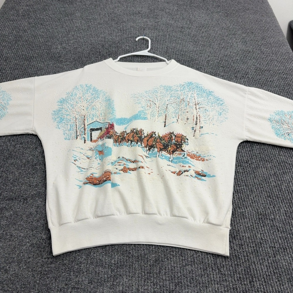 Vintage Lifestyle Sweatshirt Unisex OS White Cotton Blend Horse Winter Graphic